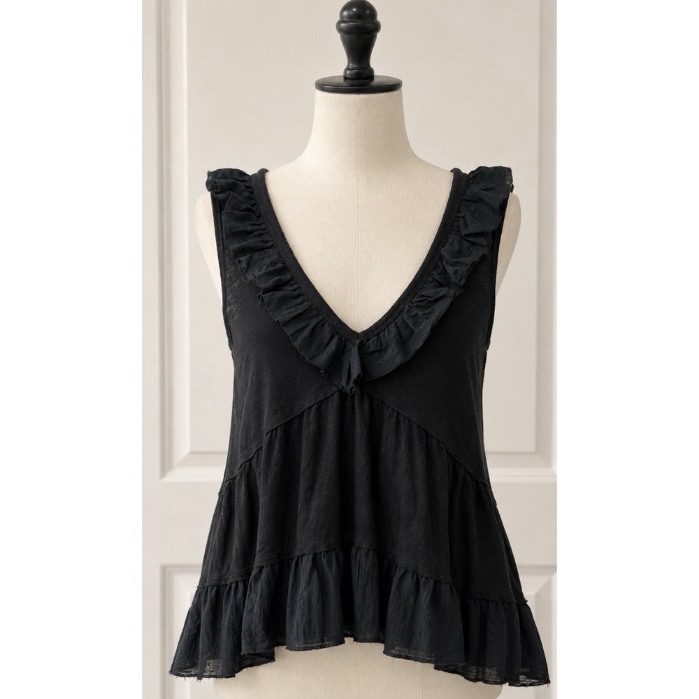 Free People Black Ruffled V-Neck Tank Top